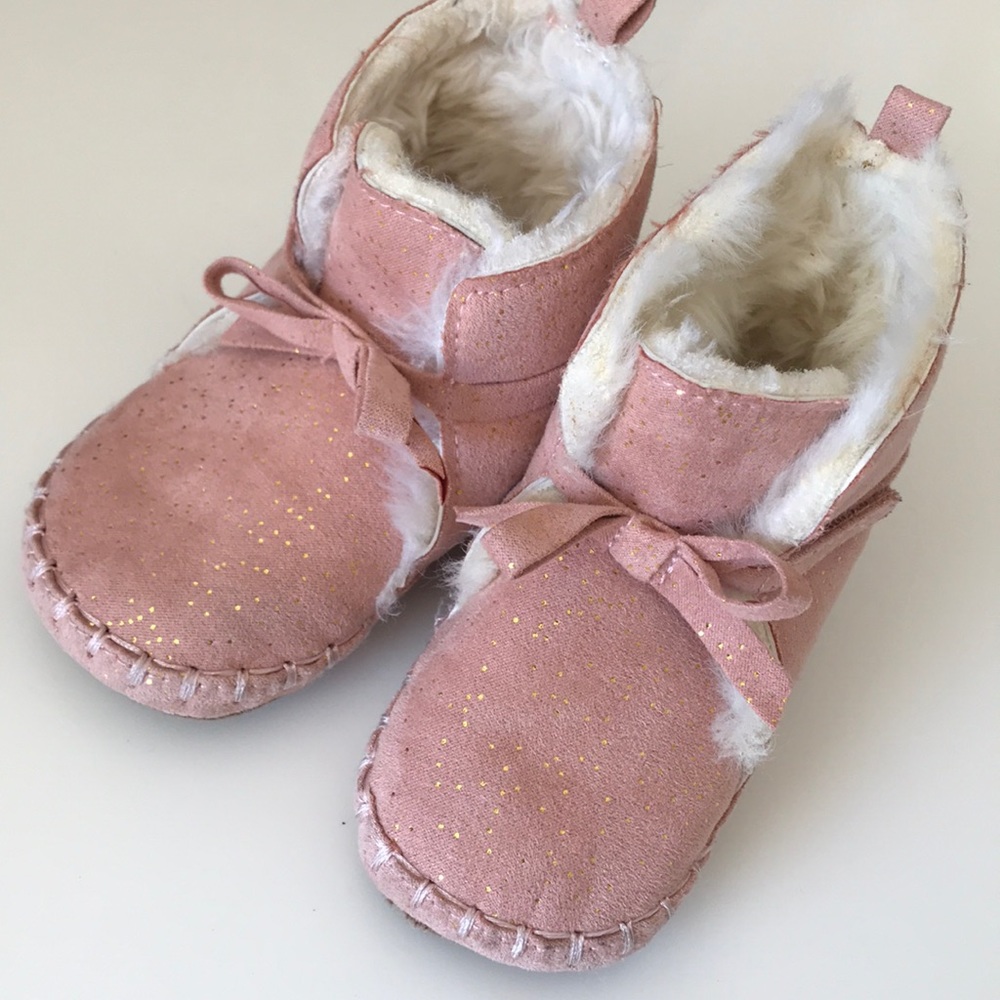 Pink Fluffy Moccasins with Gold Booties Old Navy